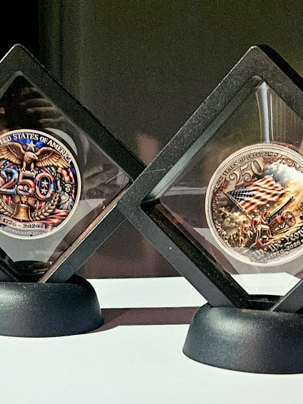 Commemorative 250th Anniversary Collectible Coins. In Levitating Coin Cases.